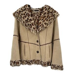 Giuliana Teso Reversible Coat Womens 40 Leather Leopard‎ Print Made in Italy
